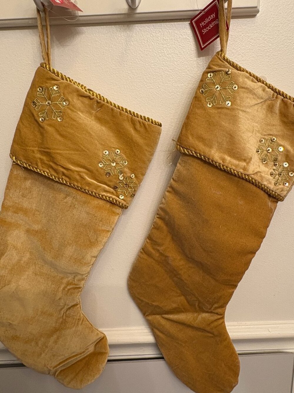2 Gold Velvet Holiday Stockings Beaded & Sequined Snowflake Metallic Trim NWT